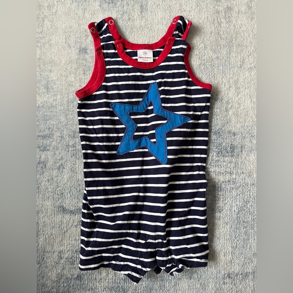 Hanna Andersson Striped Baby Sleeveless Shortie Romper. Size 70 cm, 9-18 months.